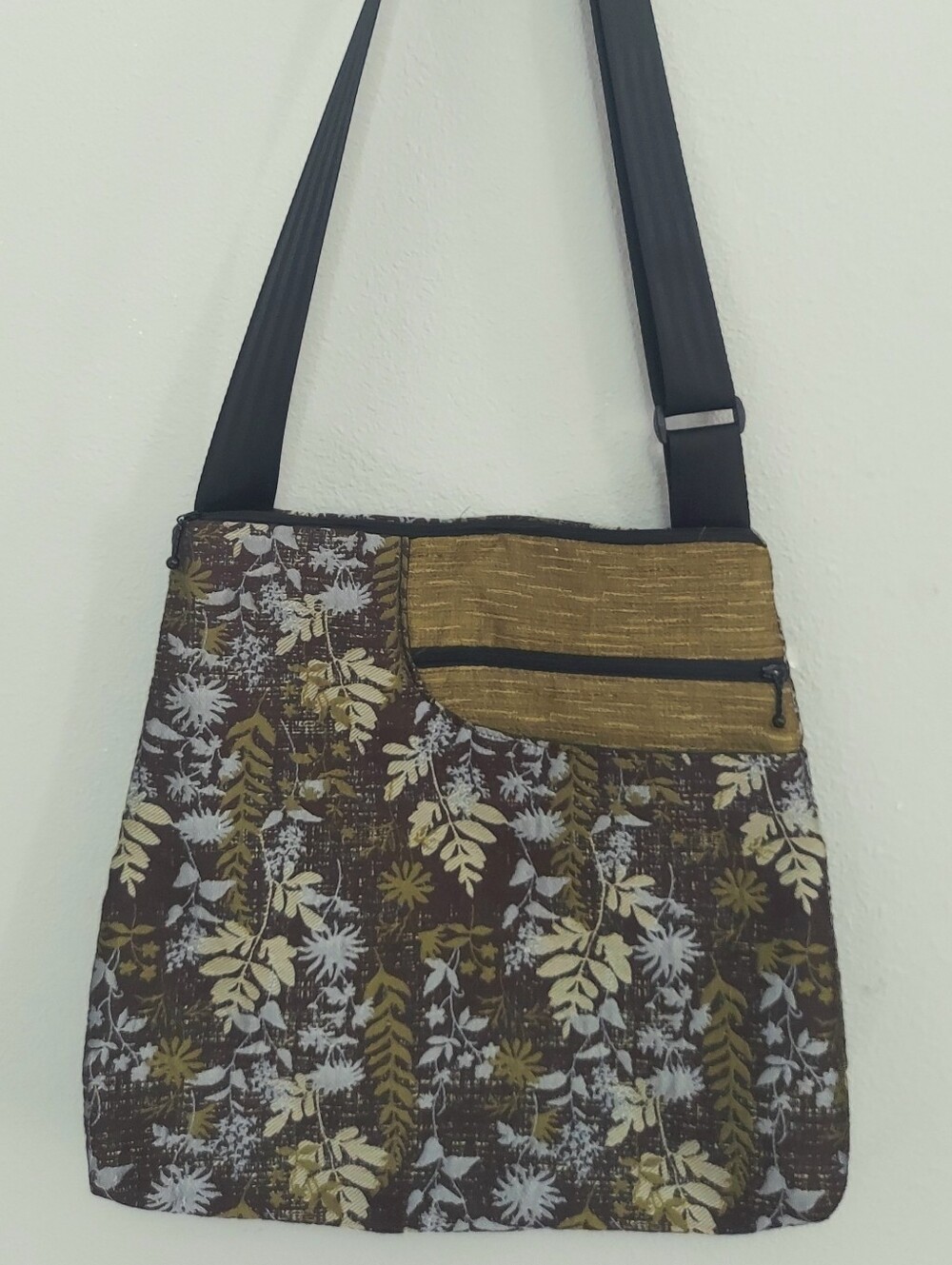 Maruca Jacquard Tapestry Handmade Green Brown Leaf Crossbody Bag Large Boho